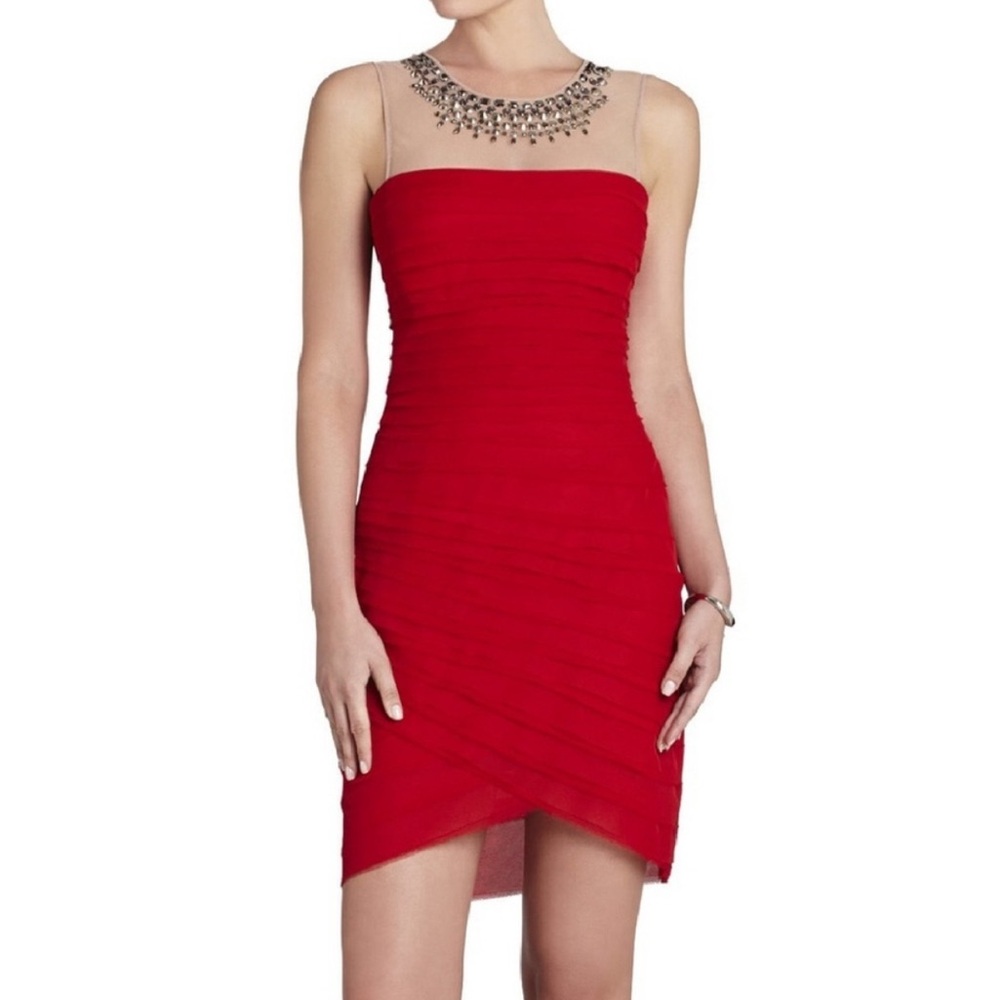 BCBG MAXAZRIA Maia Beaded Silk Cocktail Dress Rouge Red Embellished Rhinestone